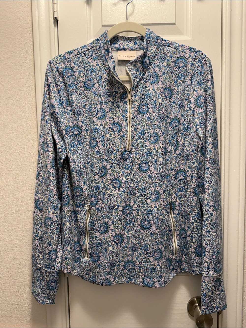 Laura Ashley Blue and White Floral Quarter Zip-Front Top